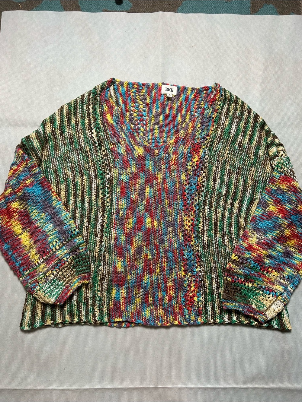 BKE multi colored ballon sleeve crochet sweater size medium
